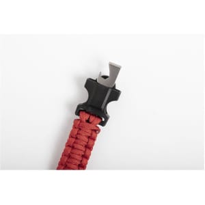 A red multifunction arm strap with a black clasp, featuring a small tool at the end.