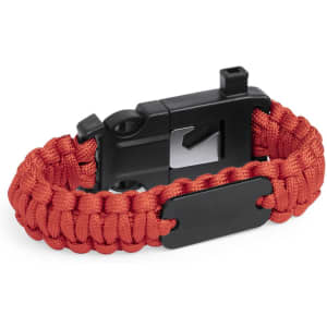 A multifunction arm strap with a black plastic buckle and a woven red paracord design. Features a logo on the buckle.