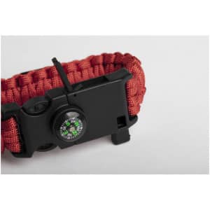 A multifunction arm strap in red with a black plastic buckle and built-in compass.