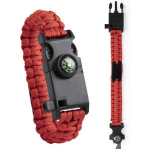 A red multifunction arm strap with a black compass and attachment clips. Features a woven design for durability.