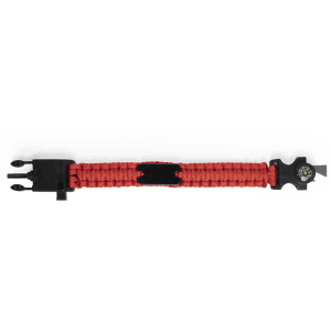 A red multifunction arm strap displayed in a protective casing, featuring a black clasp and branding.