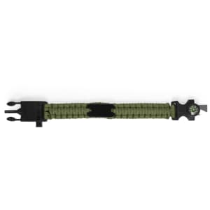 A multifunction arm strap in olive green, featuring a sturdy weave and a small compass, with a logo present.