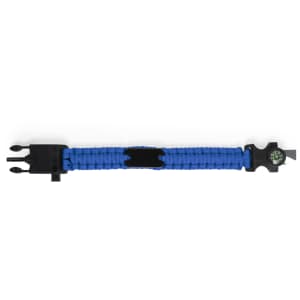A blue multifunction arm strap with a compass and black connectors. It features a woven design and has a logo.