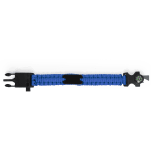 A blue multifunction arm strap with a black clasp and a small compass. It has a logo on the strap.