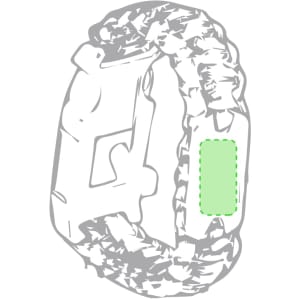 A multifunction arm strap in grey with a green panel, featuring a logo, designed for outdoor activities.