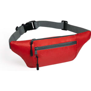 A red waistbag features two zippered compartments and an adjustable grey strap, with a logo present.