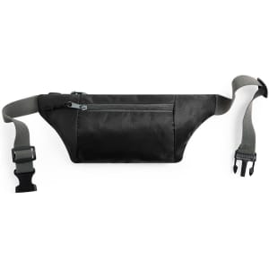 A black Mendel Waistbag featuring a zippered pocket and an adjustable strap. It has a logo.
