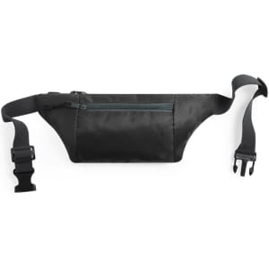A black waist bag with a zippered pocket and adjustable strap, featuring a logo.