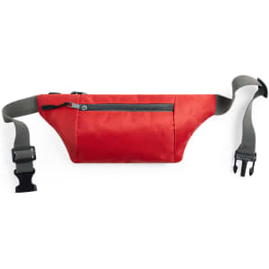 A red bum bag with a zippered pocket and adjustable grey strap, featuring a logo.