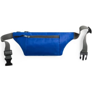 A blue waist bag with a front zip pocket and an adjustable grey strap, featuring a logo.