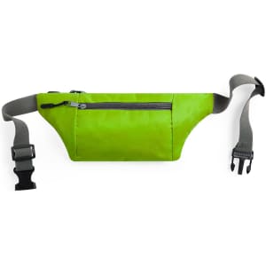 A bright green waistbag features one zippered compartment and an adjustable strap. It has a simple design and a logo.