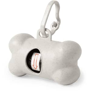 A grey bone-shaped waste bag dispenser with a clip, featuring a roll of waste bags visible inside.