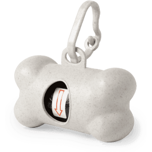 A bone-shaped waste bag dispenser in grey with a hook for attachment, featuring a compartment for bags.