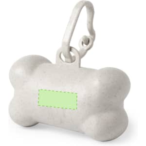 A bone-shaped waste bag dispenser in light grey with a clip attachment. It features a logo on the surface.