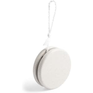 A white yoyo with a string attached, featuring a simple design and smooth surface.