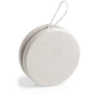 A grey and white yoyo with a textured finish and a string attached for play.