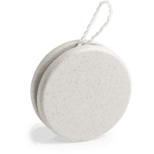A white speckled yo-yo with a string attached, featuring a simple round design and a branding element.