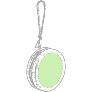 A green yoyo with a textured surface and a string attachment. It features a logo on its side.