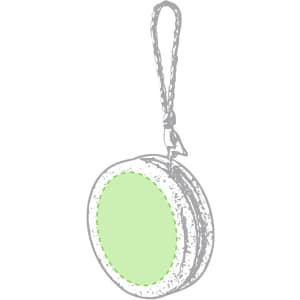 A green yo-yo with a smooth surface and a loop for attachment. It features a simple design and is lightweight.