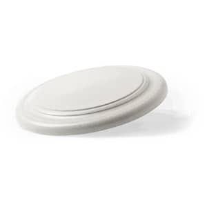A white frisbee featuring a rounded design and a small logo on the surface.