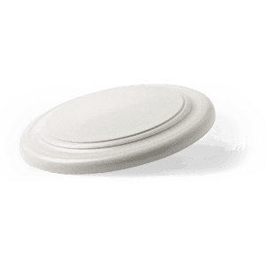 A light-coloured frisbee with a smooth, rounded design. It features a logo on its surface.