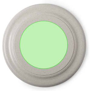 A grey frisbee with a light green centre, featuring a logo on the top side.