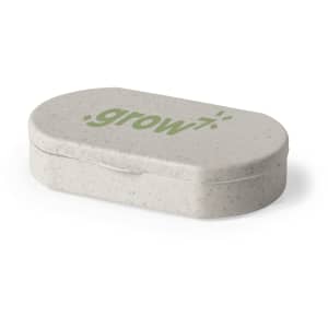 A grey pillbox with an oval shape and a brand logo on the surface.
