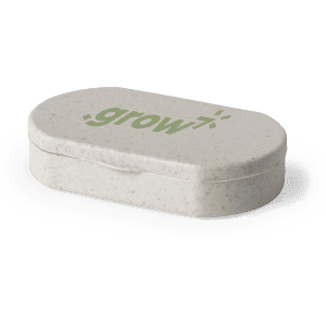 A pale grey pillbox with a rounded shape and a logo on the top, featuring a simple design.
