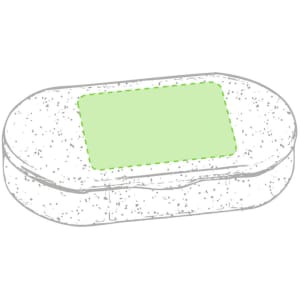An oval pillbox in a speckled grey finish with a green section on the lid, featuring a logo.