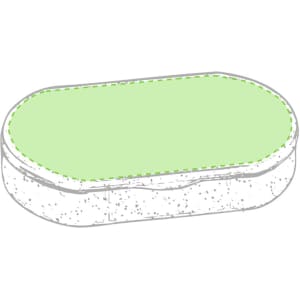 An oval, compact pillbox with a green top and a white base, featuring a simple design and a logo.
