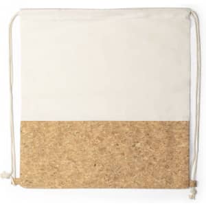 A drawstring bag featuring a beige top section and a natural cork bottom, with decorative drawstrings and a logo.