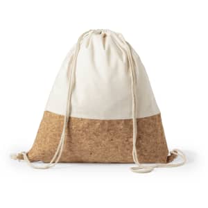 A drawstring bag featuring a cream fabric top and a cork bottom, with drawstrings for closure.