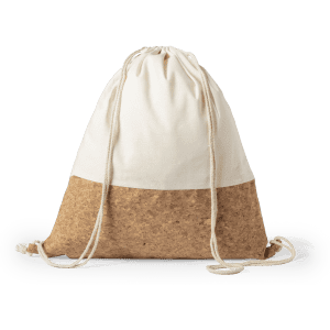 A drawstring bag featuring a cream top half and a brown lower half, with a logo on the front and cord straps.