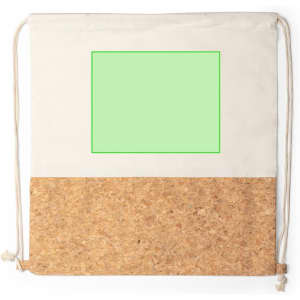 A drawstring bag in cream fabric with a cork bottom, featuring a blank green square area and two drawstrings.