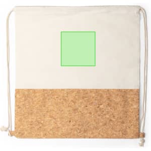 A drawstring bag in cream and cork with a green square area for branding. Features two adjustable drawstrings.