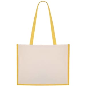 A tote bag features a cream body with yellow accents and sturdy yellow handles. It has a simple design and logo.