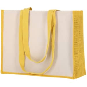 A tote bag in a cream colour with vibrant yellow handles and trims. It features a simple design and a logo.