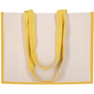 A beige tote bag with bright yellow handles, featuring a simple design and a logo.