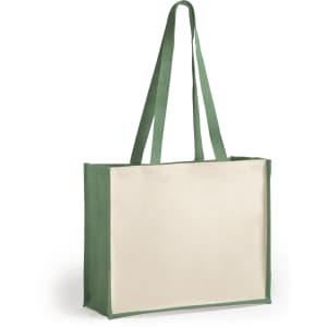 A tote bag in cream with green straps. The bag has a simple design and includes a logo.