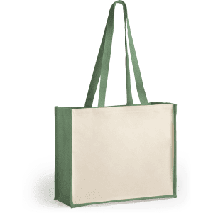 A tote bag with green straps and a cream-coloured body, featuring a simple design and a logo.
