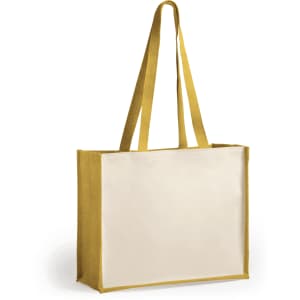 A tote bag in cream with yellow handles, featuring a simple design and a logo.