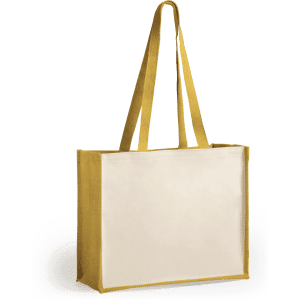 A tote bag featuring a yellow base with a plain white front, designed for promotional use.