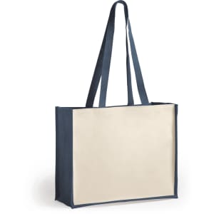A tote bag featuring a navy blue exterior with a cream-coloured centre, equipped with two sturdy handles.