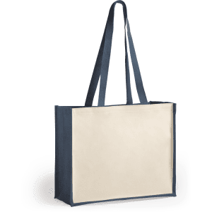 A tote bag in navy blue with a cream-coloured front panel and long handles. Features a branding logo.