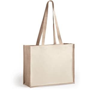 A beige tote bag with sturdy handles and a plain design, featuring a logo on one side.