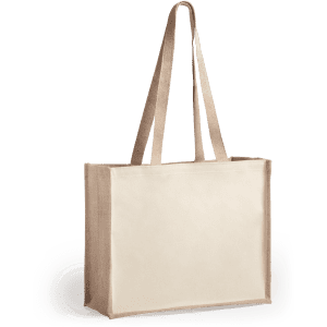 A beige tote bag with long handles, featuring a simple and clean design. It has a logo on one side.