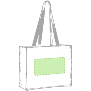 A tote bag in a light green design with a blank rectangular space for customisation. It features long handles and a simple shape.