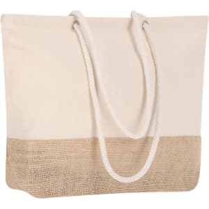 A tote bag in cream with a burlap bottom, featuring white rope handles and a simple design.