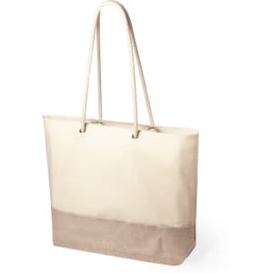 A tote bag in cream and light brown with rope handles and a simple design. It features a branding logo.