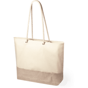 A cream tote bag with a beige bottom, featuring long handles and a logo.